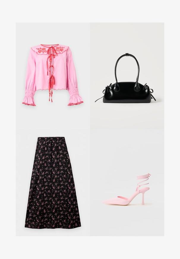Rosa Bluse mit langen Ärmeln, rotem besticktem Blumenkragen, roter Schleife vorne, wellenförmigen Kanten und gerafften Rüschenmanschetten.; Schwarzer A-Linien-Rock mit elastischem Bund und kleinem rosa Blumenmuster, gleichmäßig über den Stoff verteilt.; Rosa High Heels mit spitzem Zeh, satinierter Oberfläche und Knöchelriemen mit gekreuzten Details. Elegante Silhouette und dünner Absatz.; Kleine schwarze glänzende Handtasche mit zwei langen Griffen und seitlichen Kordelzug-Details vor einfachem hellem Hintergrund.