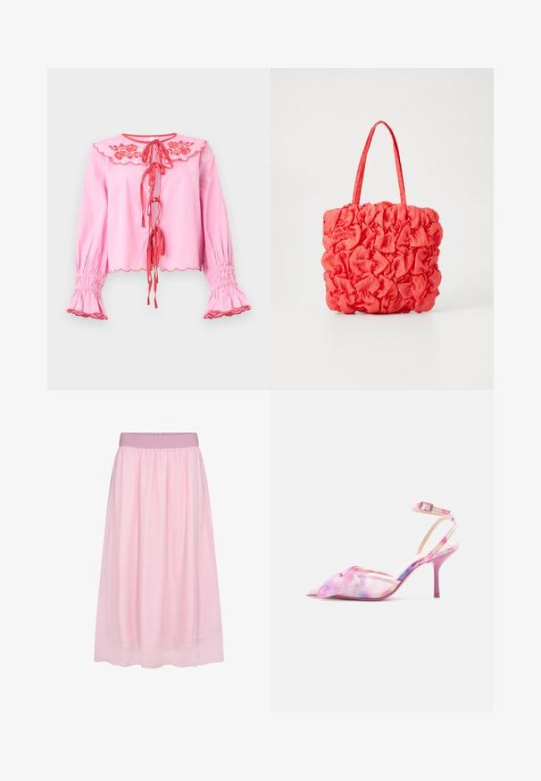Blusa rosa de manga larga con cuello bordado floral en rojo, lazos de cinta roja en la parte delantera, bordes con ondas y puños fruncidos con volantes.; Falda de tul rosa con un diseño suave y ligero. Presenta una cintura elástica y una silueta fluida, creando un efecto de capas.; Sandalia de tacón alto con correa en el tobillo, punta puntiaguda y lazo decorativo en la parte delantera, teñida en tonos rosa y morado tipo tie-dye.; Bolsa de mano coral con un diseño texturizado y fruncido. Hecha de una tela suave, cuenta con dos asas resistentes y un interior espacioso.