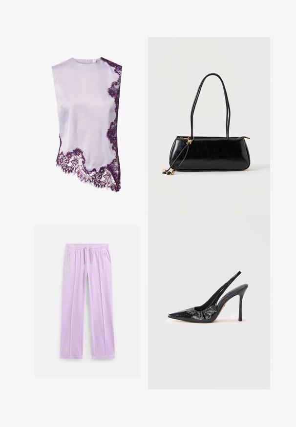 Hvid satin top uden ærmer med asymmetrisk kant og sider, dekoreret med mørkelilla blomsterblonde.; Lyse lilla sweatpants med lige ben, elastisk talje, justerbare snore og lynlåslommer i siderne.; Sorte læder slingback stiletter med spids tå, samlede tekstur foran og en høj stilettohælh.; Sort rektangulær håndtaske med to lange stropper, guldringdetalje og lynlåslukning på en ensfarvet lys baggrund.