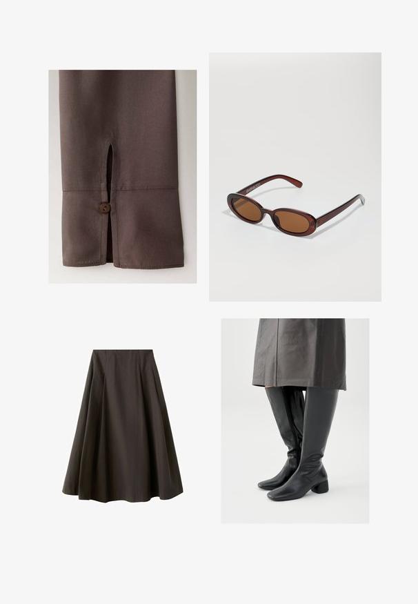 Manche en tissu marron avec une petite fente et un bouton marron assorti près du poignet sur un fond uni.; Jupe noire trapèze à taille haute avec ourlet évasé, fabriquée en tissu lisse, présentée sur fond blanc.; Bottes en cuir noir montant jusqu'au genou avec un bout carré, un talon bloc incliné et une fermeture éclair latérale ; texture lisse et design ajusté.; Lunettes de soleil rondes teinte brun avec une monture bordeaux brillante. Branches fines avec un détail de marque subtil. Design de verres plats.