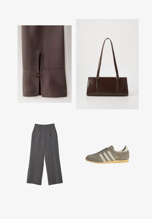 Manche en tissu marron avec une petite fente et un bouton marron assorti près du poignet sur un fond uni.; Pantalon gris taille haute à jambes larges, avec passants de ceinture, fermeture devant par boutons et plis subtils, posé à plat sur fond blanc.; Baskets en daim gris avec trois bandes blanches, lacets courts et semelle en caoutchouc. Présente un logo doré "adidas JAPAN" sur le côté.; Sac à main en cuir verni marron de forme rectangulaire, avec deux longues poignées et des accents courbés subtils à l'avant.