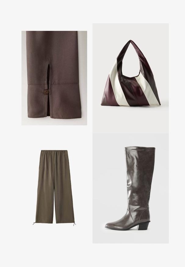 Manche en tissu marron avec une petite fente et un bouton marron assorti près du poignet sur un fond uni.; Pantalon vert olive ample avec taille élastique et cordons au bas, présenté à plat sur fond blanc.; Bottine en cuir gris foncé pour femmes grandes, avec un talon moyen et un bout arrondi, vue de côté sur fond blanc.; Grand sac à main triangulaire en cuir avec de larges rayures diagonales marron foncé, bordeaux et crème sur un fond uni.