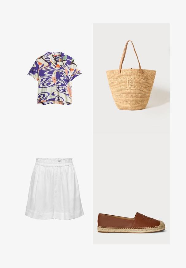 Superdry & Co VINTAGE BEACH RESORT - Skjortebluser - ryusui blue; Hvide linnedshorts med elastisk talje og afslappet pasform. Har en glat tekstur og opsmøgte kanter for ekstra detaljer.; Brune læder espadrille flade sko med en vævet jutesål, rund tå og prægede detaljer på overdelen. Glat tekstur med sammenhængende design.; Beige vævet stråtaske med to lysebrune læderhåndtag og et diskret broderet monogram i midten foran.