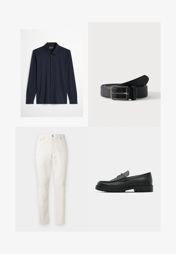 Chemise bleu marine foncé à manches longues avec col et logo brodé discret sur la poitrine gauche sur un fond clair.; Pantalon blanc à jambes droites avec poches avant, passants de ceinture et fermeture par bouton, présenté sur un fond gris clair.; Mocassins en cuir noir à bout arrondi, avec un design cousu, une semelle plateforme basse et une semelle en caoutchouc texturée et crantée.; Ceinture en cuir noir roulée avec une boucle métallique argentée rectangulaire sur un fond clair uni.