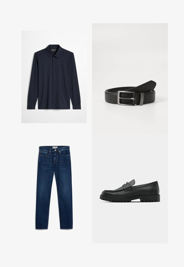 Donker marineblauw overhemd met lange mouwen, knoopsluiting, kraag en een subtiel geborduurd logo op de linkerborst, tegen een lichte achtergrond.; Donkerblauwe denim jeans met een rechte snit, vijf zakken en contrasterende stiksels. Voorzien van een knoopsluiting en rits.; Zwarte leren instappers met een ronde neus, voorzien van een gestikt ontwerp, een lage platformzool en een gestructureerde, grof rubberen buitenzool.; Zwarte leren riem met een zilveren metalen gesp, met een gladde afwerking en een klassiek ontwerp. De riem is netjes opgevouwen.