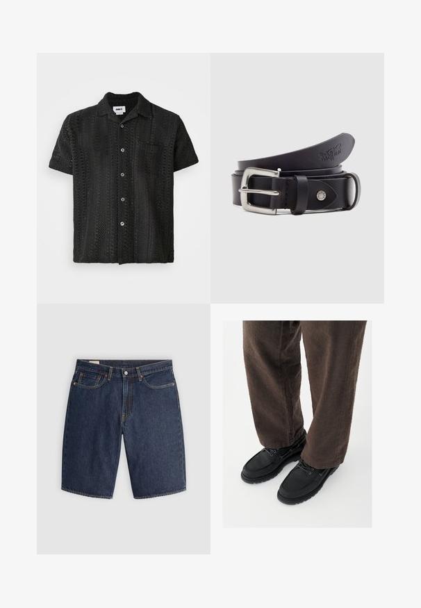 Camisa de ganchillo negra de manga corta con un corte relajado, presenta un cierre de botones en la parte delantera, un bolsillo en el pecho y un patrón texturizado abierto.; Pantalones cortos de mezclilla en azul oscuro, con un diseño clásico que incluye cinco bolsillos, costuras cosidas, cierre de botón y bolsillos traseros curvados.; Zapatos de cuero negro con un acabado liso, punta redondeada y diseño con cordones, combinados con pantalones marrones texturizados. Vista desde abajo.; Cinturón de cuero negro con hebilla metálica plateada, cierre de botón para ajuste y detalles en relieve en el cuero. Textura suave en todo el cinturón.