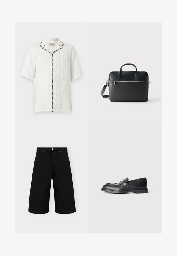 Chemise blanche à manches courtes avec tissu texturé, bordure noire brodée le long du col et de la ligne de boutons, coupe décontractée.; Short en jean noir à jambes larges avec poches avant, passants de ceinture et fermeture bouton argenté sur fond clair uni.; Mocassins en cuir noir avec une finition texturée, dotés d'une bride décorative à l'avant et d'un bout arrondi. Semelle en caoutchouc pour plus de durabilité.; Mallette rectangulaire en cuir noir avec doubles poignées, poche zippée avant et bandoulière amovible sur un fond clair uni.