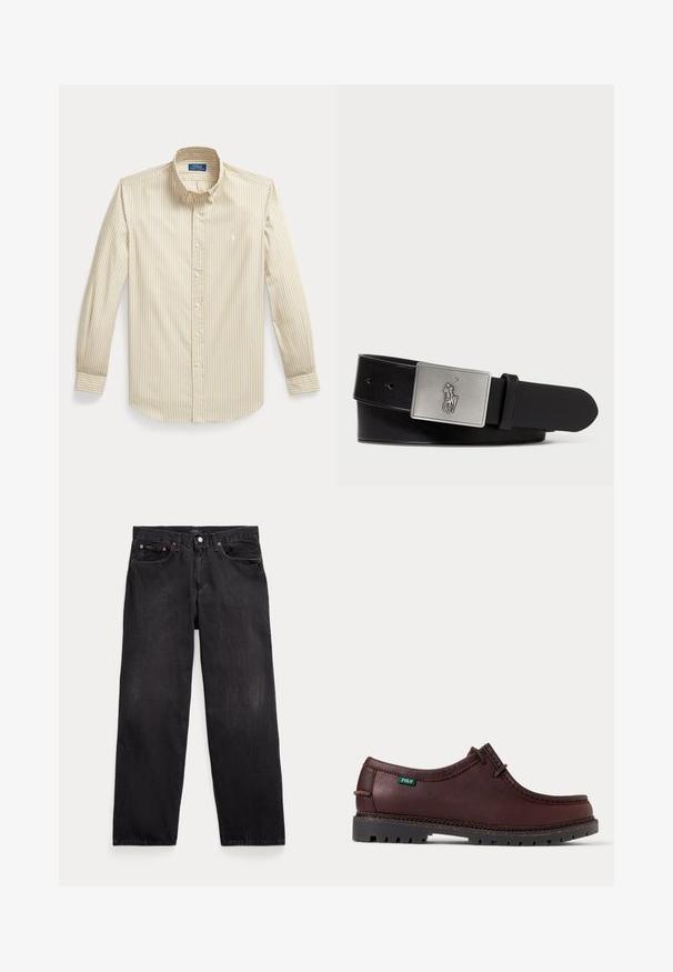 Beiges Langarmhemd mit weißen vertikalen Streifen und kleinem, auf der Brust gesticktem Logo, flach auf weißem Hintergrund liegend.; Schwarze Jeans mit geradem Bein, fünf Taschen, Knopfverschluss und sichtbaren Metallnieten an den vorderen Taschen.; Dunkelbrauner Leder-Mokassinschuh mit schwarzer robuster Sohle und grünem Polo-Logo-Etikett an der Seite, Seitenansicht.; Schwarzer Leder-Gürtel mit einer rechteckigen silbernen Metall-Schnalle, die ein geprägtes Reiter-Logo trägt, glatter Textur und fünf Gürtellöchern.