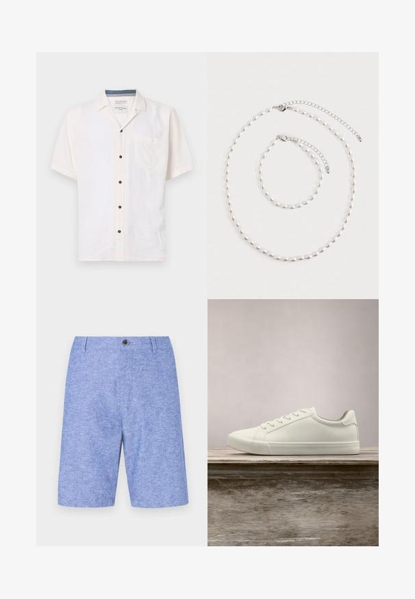 Kortærmet skjorte lavet af let stof, i off-white, med en brystlomme og sorte knapper langs fronten.; Lysblå shorts i et tekstureret materiale med knaplukning fortil og sidelommer, i en lige skæring og knælangt design.; Hvide snørresneakers svævende over en træbænk med grønne planter i baggrunden, der fremhæver skodesign og tekstur.; Perle halskæde og matchende armbånd med sølv kæde låse arrangeret på en hvid baggrund.