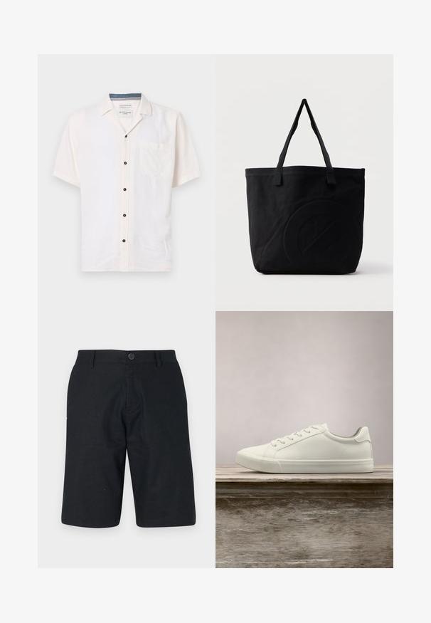 Korte mouwen shirt gemaakt van lichte stof, in off-white, met een borstzak en zwarte knopen langs de voorknoping.; Zwarte shorts gemaakt van lichtgewicht stof, met een rechte snit, enkele knoopsluiting en een schone zoom zonder zichtbare patronen.; Witte vetersneaker die boven een houten bank zweeft met groene bladeren op de achtergrond, waarbij het ontwerp en de textuur van de schoen worden getoond.; Zwarte canvas tas met twee schouderbanden en een subtiel, ingebosseleerd cirkelvormig ontwerp aan de voorkant.