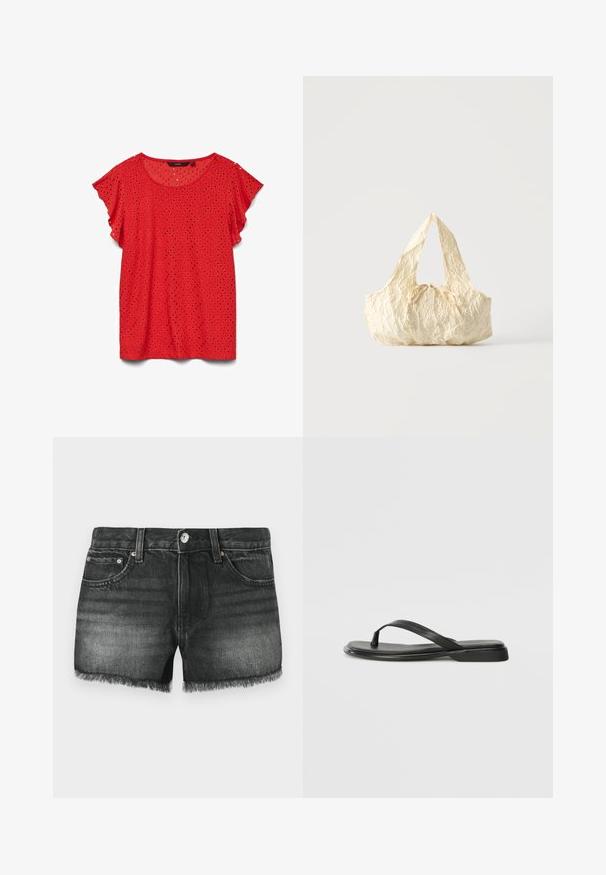 Rød kortærmet bluse med øjerstingsblonde i et diamantmønster og rund halsudskæring, vist på en hvid baggrund.; Sorte denimshorts med frayed kant, fem lommer og kobberdetaljer. Den falmede overflade har en subtil tekstur og klassisk design.; Sorte flip-flops lavet af glat læder, med et tyndt remdesign og en flad sål med et minimalt profil. Ingen bemærkelsesværdige mønstre eller accenter.; Håndtaske i cremefarvet tekstureret stof med top-håndtag og en lille bundet sløjfe-detalje midt foran.