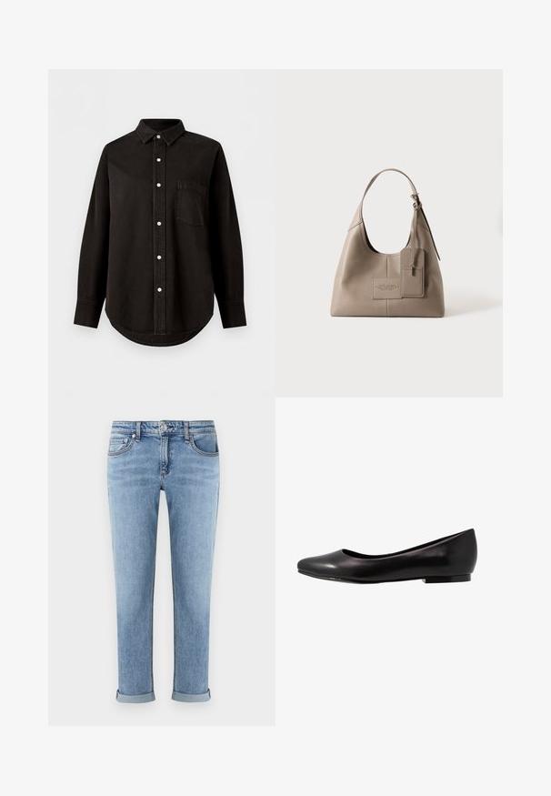 Sort langærmet skjorte med knapper, krave og brystlomme, vist på en ensfarvet hvid baggrund.; Lyseblå denimjeans med op-rullede manchetter, design med fem lommer, lynlås og knaplukning.; Sort ballette sko lavet af glat læder med rund tå og lav, flad sål. Har en glat overflade med et enkelt og strømlinet design.; Taupe læderhåndtaske med en enkelt rem, rektangulært mærkat fastgjort og prægede bogstaver midt på forsiden mod en ensfarvet baggrund.