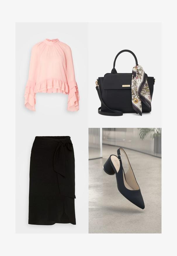 Lichtroze blouse van zachte stof, met een hoge nek, lange ruche- mouwen en een gelaagde, gerimpelde zoom.; Zwarte wikkelrok van textuurstof, met een zijstrik, rechte snit en een split aan de zoom.; Zwarte slingback hoge hak met een spitse neus, gladde textuur en een metalen accent op de hak, voorzien van een kleine verstelbare gesp.; Zwarte handtas van glad materiaal met dubbele handvaten en een verwisselbare schouderband. Voorzien van een flap aan de voorkant en een zijden sjaaltje met bloemenpatroon als accent.