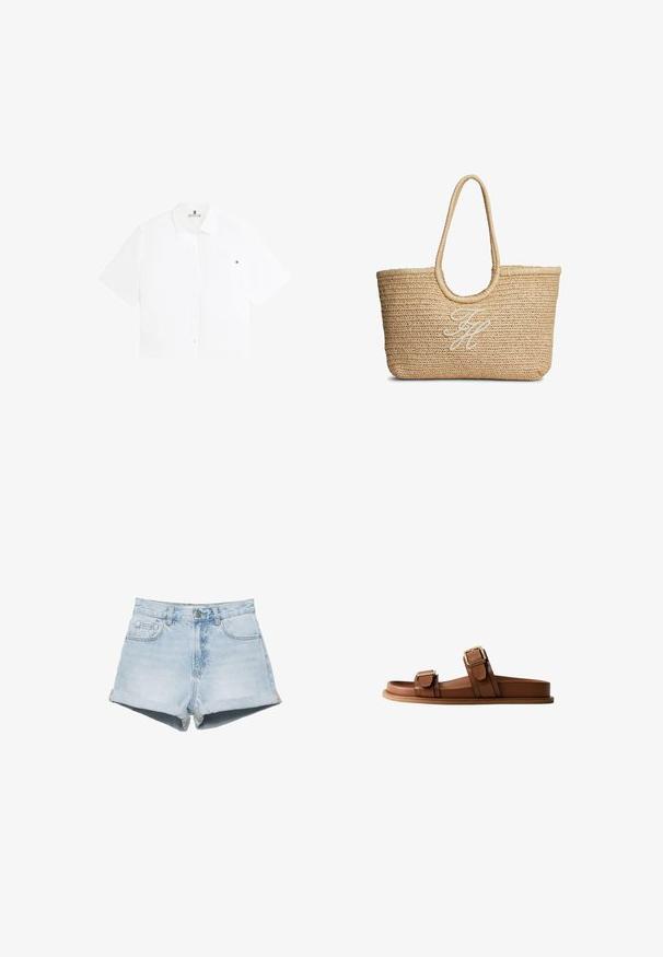 Valkoinen lyhythihainen nappipaita, jossa on kaulus ja rintatasku, jossa on pieni Tommy Hilfiger -logo.; Vaaleansiniset farkkushortsit, joissa on käännetyt lahkeet, edessä nappikiinnitys, vyölenkit ja etutaskut valkoisella taustalla.; Ruskeat nahkaiset liukusandaalit, joissa on kaksi säädettävää remmiä kultaisen sävyn soljilla, litteä pohja ja minimalistinen muotoilu. Sileä pinta.; Punottu beige-varinen olkitavarakassi, jossa on pyöreät kahvat ja valkoisella kirjailtu kursiivikirjaiminet etukeskellä.