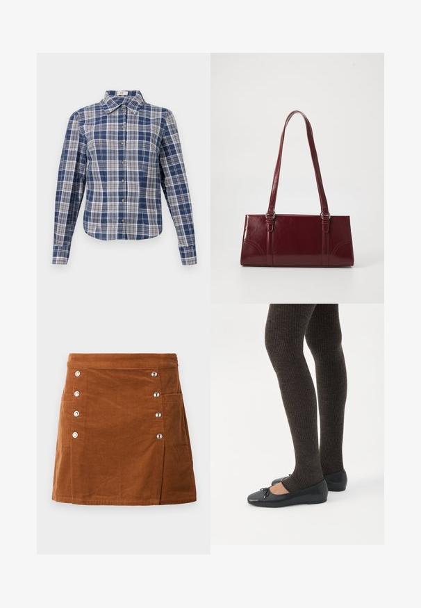 Chemise à manches longues à carreaux bleu et blanc avec un col et des boutons marron, présentée à plat sur un fond blanc.; Jupe en velours côtelé marron avec une taille ajustée, cinq boutons métalliques sur le côté gauche et deux poches avant. Texture lisse avec des côtes verticales.; Jambes portant des leggings côtelés foncés associés à des ballerines noires avec de petits détails en nœud sur fond blanc.; Sac à main bordeaux en matériau brillant, de forme rectangulaire, avec deux anses et des accents légèrement courbés à l'avant.
