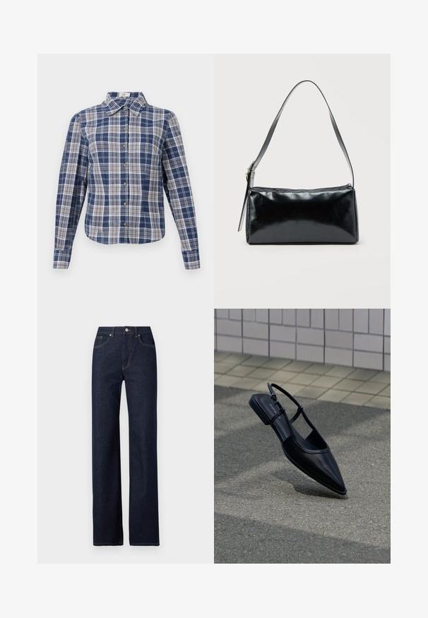 Chemise à manches longues à carreaux bleu et blanc avec un col et des boutons marron, présentée à plat sur un fond blanc.; Jeans en denim bleu foncé avec une coupe droite, style classique à cinq poches, couture visible et fermeture à bouton à l'avant.; Chaussure plate noire à bout pointu avec bride arrière, flottant au-dessus d'une surface en bitume à côté d'un trottoir carrelé.; Sac d'épaule rectangulaire noir avec une sangle réglable unique et une fermeture éclair supérieure sur un fond uni.