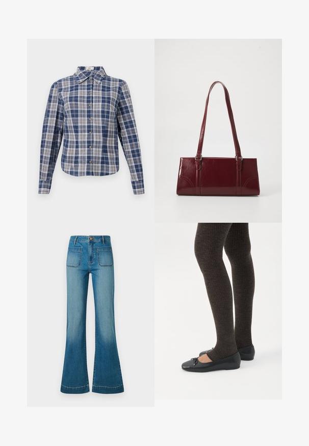 Blauw-wit geruite langemouw hemden met een kraag en bruine knopen, plat weergegeven op een witte achtergrond.; Blauwe high-waisted denimjeans met voorzakken en uitlopende pijpen, voorzien van een knoop- en ritssluiting.; Benen met donkere geribbelde leggings gecombineerd met zwarte ballerina's met kleine strikdetails op een witte achtergrond.; Bourgondische handtas van glanzend materiaal, rechthoekige vorm, met twee schouderbanden en subtiele gebogen accenten aan de voorkant.