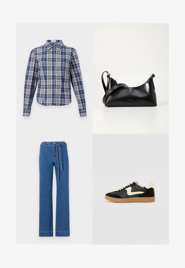 Camisa de botón de manga larga a cuadros en azul y blanco con cuello y botones marrones, exhibida plana sobre un fondo blanco.; Pantalones anchos de mezclilla azul con cintura ceñida, que presentan costuras bordadas y un diseño clásico de cinco bolsillos. Textura suave, corte recto.; Zapatillas de deporte de ante y cuero negro con un swoosh lateral en crema y un talón en crema claro. Presenta cordones beige y una suela de goma marrón.; Bolso de mano de cuero negro con una textura suave. Cuenta con una correa ajustable y un diseño elegante y minimalista con cierre de cremallera.