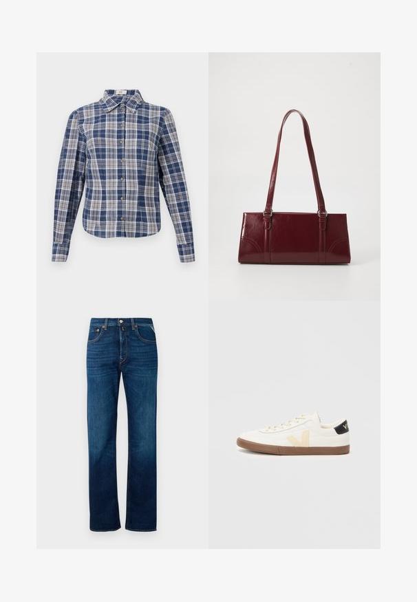 Camisa de botón de manga larga a cuadros en azul y blanco con cuello y botones marrones, exhibida plana sobre un fondo blanco.; Jeans de mezclilla en azul oscuro con un diseño de pierna recta, estilo de cinco bolsillos y un ligero desvanecimiento. Presentan un cierre frontal con botón y hebillas para cinturón.; Zapatilla blanca hecha de material sintético liso, con un logo V beige, suela de goma marrón claro y acentos en negro en el talón.; Bolso burdeos hecho de material brillante, de forma rectangular, con dos asas para el hombro y sutiles acentos curvados en la parte frontal.