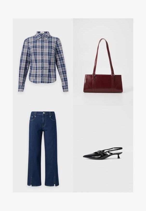 Blau-weißer Karo-Hemd mit langen Ärmeln, Kragen und braunen Knöpfen, flach auf einem weißen Hintergrund präsentiert.; Dunkelblaue Denim-Jeans mit weitem Bein und hoher Taille, mit seitlichen Taschen, einem Frontknopfverschluss und Schlitzsäumen für zusätzliche Details.; Schwarzer Slingback-Schuh aus Lackleder mit spitzer Schuhspitze, kleinem Blockabsatz und verstellbarem Riemen mit Ausschnittdetails und Logoakzenten.; Burgunderfarbene Handtasche aus glänzendem Material, rechteckige Form, mit zwei Schulterriemen und subtilen, geschwungenen Akzenten an der Vorderseite.