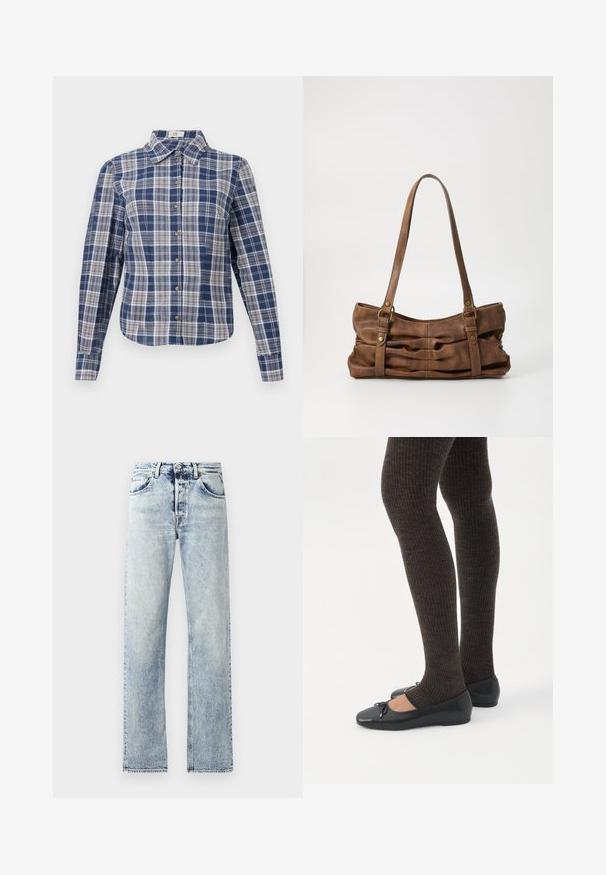 Blauw-wit geruite langemouw hemden met een kraag en bruine knopen, plat weergegeven op een witte achtergrond.; Lichtblauwe denim jeans met een rechte pijp design. Kenmerken zijn onder andere vijf zakken, riemlussen en een rafelige zoom aan de onderkant.; Benen met donkere geribbelde leggings gecombineerd met zwarte ballerina's met kleine strikdetails op een witte achtergrond.; Even&Odd by Zalando Handtas - brown