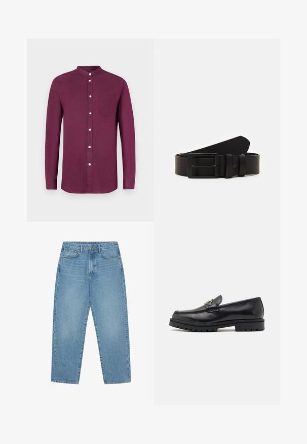 Langærmet skjorte i dyb bourgogne med ståkrave, knapper foran, brystlomme og glat bomuldstekstur.; Lyseblå denimjeans med lige ben, fem-lomme design og en let falmet struktur. Indeholder knap- og lynlåslukning.; Sorte læder loafers med en glat finish, rund tå, en dekorativ rem med guldhardware og en robust sort sål.; Sort læderbælte rullet med en mat sort rektangulær metalspænde og to bæltesløjfer på en hvid baggrund.