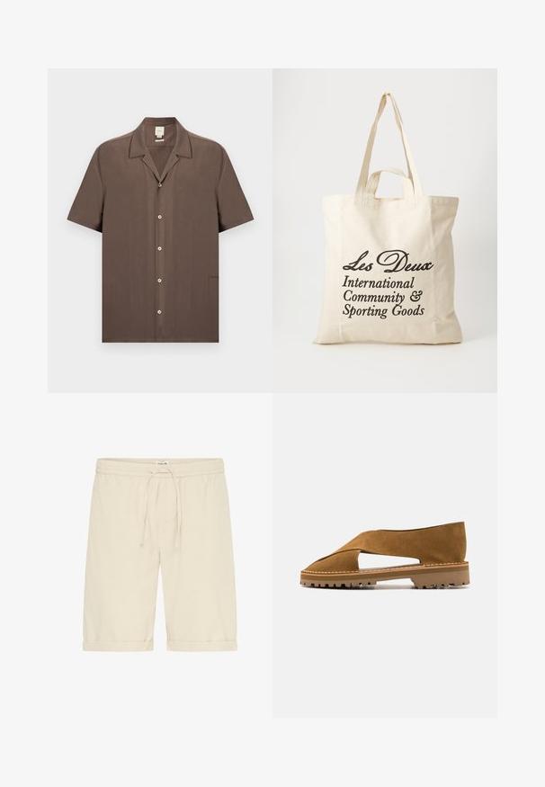 Chemise marron à manches courtes avec col style camp, cinq boutons sur le devant, et logo Calvin Klein discret en bas à droite.; Short beige en coton avec taille élastique et cordon de serrage. Ourlets retournés et texture lisse, présentant des détails de design minimalistes.; Bottines en suède marron à enfiler avec un design découpé, semelle en caoutchouc épaisse et couture visible le long du bord. Surface texturée.; Sac tote en coton beige avec deux poignées robustes. Présente un texte imprimé en noir : "Les Deux International Community & Sporting Goods."