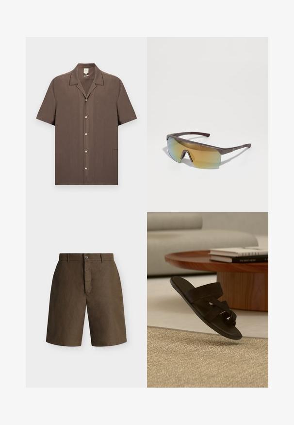 Chemise marron à manches courtes avec col style camp, cinq boutons sur le devant, et logo Calvin Klein discret en bas à droite.; Short marron longueur genou avec passants pour ceinture, fermeture par bouton et braguette zippée cachée sur fond uni clair.; Sandale noire à bout ouvert avec des brides croisées flottant au-dessus d’un tapis beige texturé dans un salon moderne.; Lunettes de sport avec une monture rectangulaire brune slim et des verres dégradés jaune-bleu, dotées d'un pont nasal prononcé et de repose-tempes texturés.
