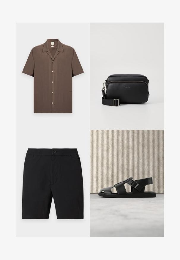 Chemise marron à manches courtes avec col style camp, cinq boutons sur le devant, et logo Calvin Klein discret en bas à droite.; Shorts mi-longs pour hommes noirs avec taille élastique, fermeture par bouton et poches latérales, présentés sur un fond uni.; Sandale en cuir noir avec bride à boucle, design à bout ouvert, présentée sur un tapis beige avec un arrière-plan flou de meubles marron.; Sac en cuir noir à bandoulière avec deux compartiments zippés, finition texturée, sangle ajustable et accents en métal argenté. Logo Calvin Klein affiché.