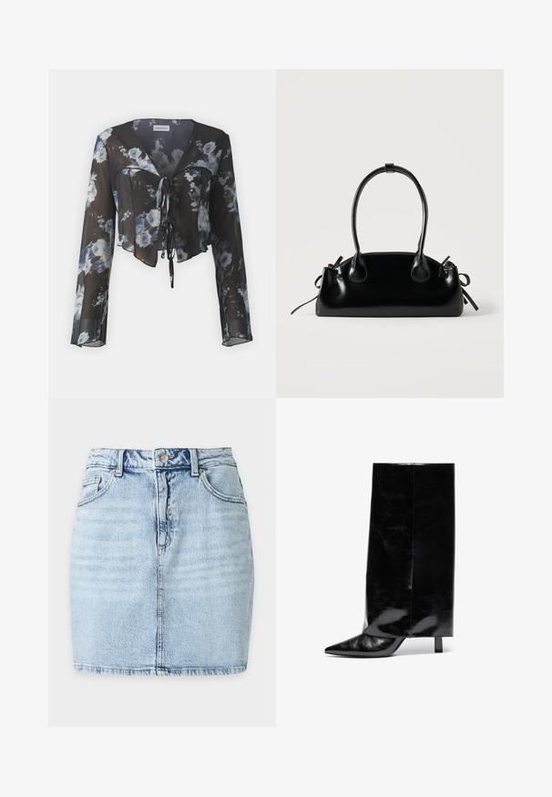 Top corto floral con una tela negra transparente con patrones de flores azules y blancas, mangas largas, escote en V y cierre en la parte delantera con lazo.; Minifalda vaquera azul claro con botón delantero, trabillas, dos bolsillos frontales y costura vertical visible en el centro.; Botín de cuero negro hasta el tobillo con punta afilada y tacón cuadrado, que presenta un caña alta y brillante y un acabado texturizado en la parte inferior.; Pequeño bolso negro brillante con dos asas largas y detalles de cordón lateral sobre un fondo claro liso.