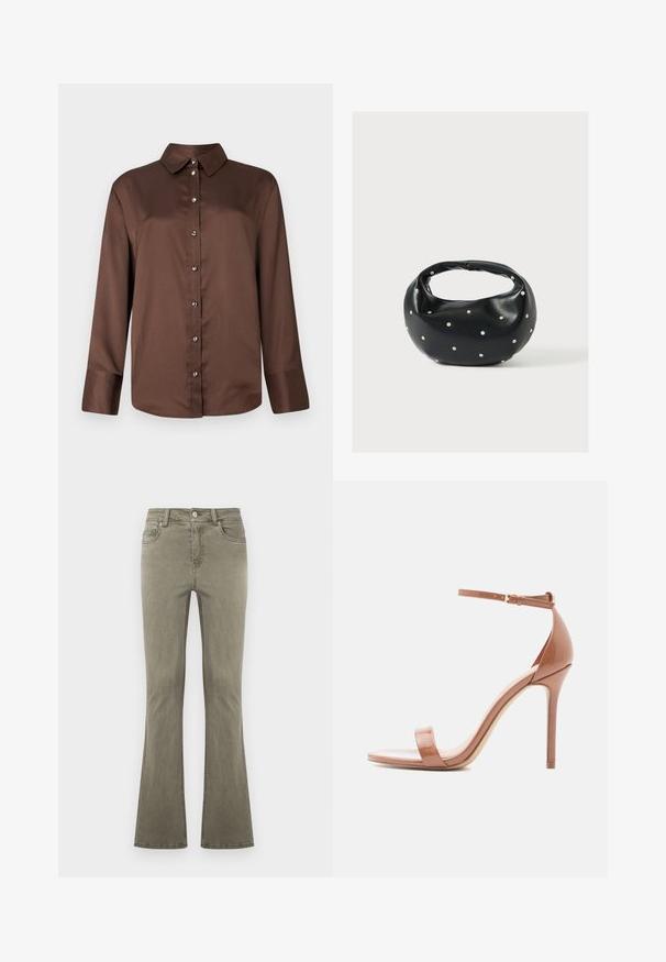 Chemise marron à manches longues avec des boutons, dotée d'un col classique, avec des boutons argentés et un tissu lisse et texturé.; Jean droit vert olive avec fermeture à boutons sur le devant, passants pour ceinture et design cinq poches, présenté sur un fond uni.; Sandales à talons en cuir verni nude avec une fine bride à la cheville, design à bout ouvert et talon aiguille. Texture lisse et style minimaliste.; Sac à main en cuir noir de forme arrondie, décoré de clous argentés et équipé d'une poignée courte. Texture lisse et fermeture éclair.