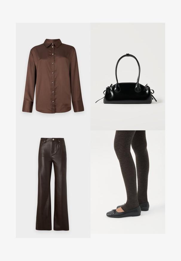 Camisa marrón de manga larga con botones, con cuello clásico, botones plateados y tela lisa y texturizada.; Vero Moda Wide-leg VMTESSA High rise - Pantalones - chocolate torte; Piernas con leggings oscuros acanalados combinados con bailarinas negras que presentan pequeños detalles de lazo sobre un fondo blanco.; Pequeño bolso negro brillante con dos asas largas y detalles de cordón lateral sobre un fondo claro liso.