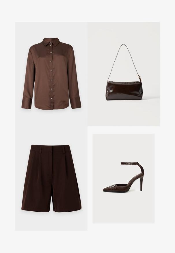Brun langærmet skjorte med knapper foran og klassisk krave, med sølvfarvede knapper og et glat, tekstureret stof.; Brune plisserede shorts lavet af letvægtsstof. Har en klassisk talje og sidelommer, med en lige pasform og kantede kanter.; Brun læder højhælet sko med spids tå, tre dekorative sølvspænder foran og ankelrem med sølvspænde.; Mørkebrun rektangulær læder skuldertaske med en enkelt tynd rem og spænde i guldton på en ensfarvet baggrund.