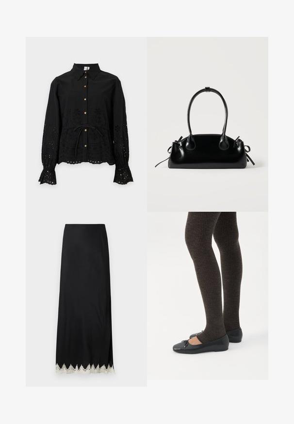 Blouse noire à manches longues avec col et poignets festonnés, motifs floraux ajourés, boutons sur le devant et ceinture à nouer à la taille.; Jupe longue noire en tissu lisse avec une fente haute et une bordure en dentelle blanche complexe à l'ourlet, présentant une coupe droite et un design minimaliste.; Jambes portant des leggings côtelés foncés associés à des ballerines noires avec de petits détails en nœud sur fond blanc.; Petit sac à main noir brillant avec deux longues anses et des détails à cordon sur les côtés sur un fond clair uni.