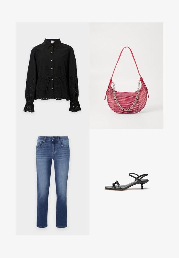 Blouse noire à manches longues avec col et poignets festonnés, motifs floraux ajourés, boutons sur le devant et ceinture à nouer à la taille.; Jean en denim de couleur bleu moyen, style droit. Comprend cinq poches, des passants de ceinture et une fermeture à glissière bouton. Texture lisse et couture régulière.; Sandale en cuir noir au design épuré et minimaliste. Dotée de deux fines lanières et d'un petit talon incliné. Texture lisse et bout ouvert.; Sac à main perforé rouge en forme arrondie, avec une accent en chaîne argentée et une bandoulière assortie. Logo affiché à l'avant.