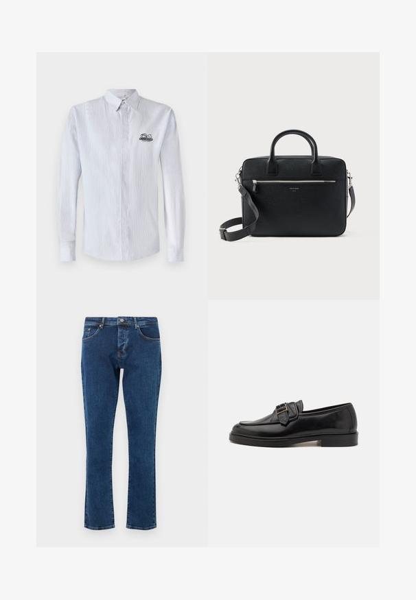 Iceberg CAMICIA - Chemise - bianco/blu/azzurro; Jean en denim bleu foncé avec une coupe droite, cinq poches et un bouton métallique à la taille. Texture lisse avec une décoloration minimale.; Mocassins en cuir noir avec un bout arrondi et une boucle décorative. Talon plat, solide et texture lisse sur l'ensemble.; Serviette rectangulaire en cuir noir texturé avec double poignée, poche avant zippée et bandoulière réglable présentée sur fond blanc.