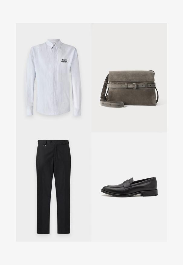 Iceberg CAMICIA - Camisa - bianco/blu/azzurro; Pantalones negros de corte recto y ajustado, con cierre de botón y trabillas para cinturón. Textura suave con un detalle mínimo.; Mocasín de cuero negro con un acabado suave, una tira decorativa en la parte superior, punta redondeada y un tacón bajo apilado.; Bolso bandolera de ante gris con correa ajustable con hebilla y cierre de solapa, con un sutil logotipo de la marca en relieve en el centro del frontal.