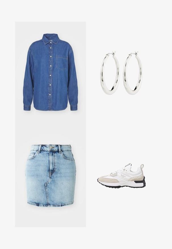 Donkerblauwe denim overhemd met een knoopsluiting aan de voorkant, kraag en één borstzak. Lange mouwen met knoopmanchetten. Klassiek design.; Lichtblauwe denimrok met een aansluitende pasvorm, vijf zakken, een knoop- en ritssluiting en gestikte details langs de zoom.; Witte en beige sneaker met suède en mesh materialen, textuuraccenten, een afgeronde neus en een rubberen zool. Voorzien van een logo aan de zijkant.; Zilveren oorbellen in de vorm van een gladde, glanzende ring. Circulaire vorm, voorzien van een veilige sluiting. Eenvoudig en elegant ontwerp.