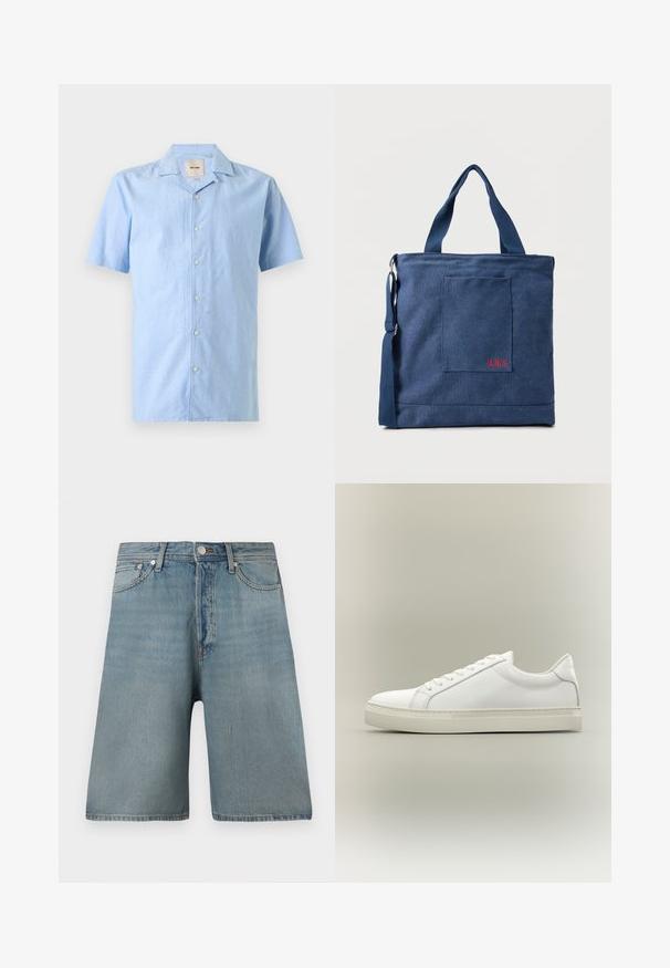 Lyseblå kortærmet skjorte med klassisk krave og hvide knapper, vist fladt mod en hvid baggrund.; Lyseblå denimshorts med en løs pasform, fem lommer og en traditionel knaplukning, med slidte pletter for et brugt udseende.; Hvid lavtop sneaker med snørebånd foran og tyk sål, vist fra siden mod en neutral baggrund.; Blå lærredstote taske med frontlomme og rød "O.N.S" broderi, med to håndtag og en justerbar skulderrem.