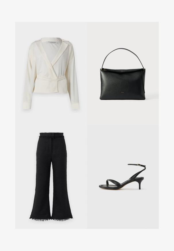 Blazer court en satin ivoire, avec un design enveloppant, des revers crantés, des manches longues et une ceinture à nouer à la taille.; Pantalons larges noirs en tissu texturé, avec ourlet effiloché et taille élastique. Le design présente une finition lisse et une coupe décontractée.; Sandale pour femme en cuir noir avec fines lanières, une boucle d'orteil, une boucle à la cheville et un talon aiguille de hauteur moyenne sur un fond neutre.; Sac à main en cuir noir à texture lisse, avec une poignée courbée et un détail de fermeture éclair doré. Design minimaliste avec un logo discret.