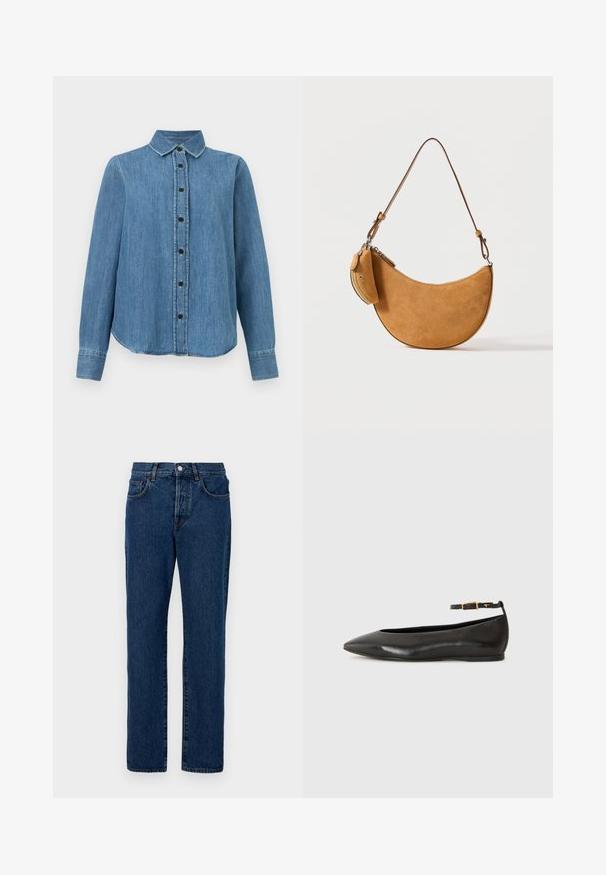 Langärmeliges blaues Jeanshemd mit Kragen und schwarzen Knöpfen, leicht geschwungener Saum, flach auf weißem Hintergrund ausgelegt.; Jeans aus Denim in Dunkelblau, mit einem klassischen geraden Schnitt, fünf Taschen und sichtbaren Nähten. Der Stoff hat eine leichte Struktur.; Schwarze Leder-Ballettschuhe mit spitzem Vorderteil, minimalistisches Design, dünner Knöchelriemen und goldfarbener Schnallenakzent. Glatte Textur und flaches Profil.; Dunkle Wildleder-Handtasche in Halbmondform mit dünnem verstellbarem Schulterriemen und kleinem seitlich angebrachtem Reißverschlussfach, vor einfarbigem Hintergrund.