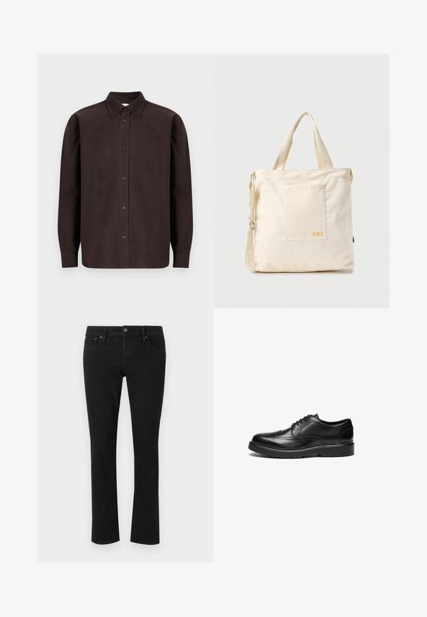 Mørkebrun langærmet skjorte lavet af glat materiale med klassisk krave og lukning med knapper foran. Enkel og struktureret design uden mønstre.; Sorte denimjeans med lige snit, fem-lomme design, metalknaplukning og minimal syning. Glat tekstur hele vejen igennem.; Sorte læderdress sko med brogue detaljer, rund tå og tekstureret sål. Har klassisk snøre og en solid hæl for støtte.; Kremfarvet lærredstote-taske med frontlomme, to håndtag, justerbar skulderrem og lille gul "O.N.S" tekst i nederste højre hjørne af lommen.