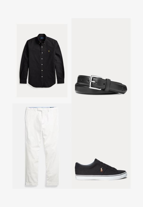 Chemise noire à manches longues avec boutons, col boutonné et petit logo jaune Polo Ralph Lauren sur la poitrine gauche.; Chinos en coton blanc avec devant plat, passants pour ceinture, poches latérales et texture lisse, dotés d'une ceinture intérieure bleue.; Baskets basses noires avec semelle blanche et logo joueur de polo brodé sur le côté, avec fermeture à lacets et tige en tissu texturé.; Ceinture en cuir noir avec boucle rectangulaire argentée, roulée sur un fond blanc, avec un logo embossé subtil à l'extrémité.