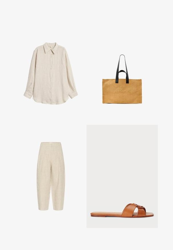 Beige langærmet linnedskjorte med knapper, krave og manchetter, lagt fladt på hvid baggrund.; Beige linnedbukser med løs pasform, der har folder ved taljen, cropped længde, og et tekstureret, vævet stof.; Brune lædersandal med flad sål, der har to krydsede stropper. Glat overflade med minimal syning og afrundede kanter.; Rektangulær tan vævet tote taske med "ALLSAINTS" præget foran og lange sorte læderstropper, der strækker sig over taskens øverste kant.