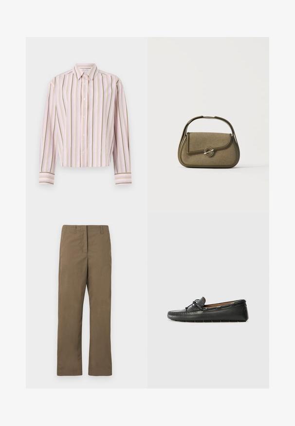 Camisa de rayas rosa claro con líneas verticales en verde y amarillo, cierre de botones y mangas largas con puños en contraste.; Pantalones rectos marrones hechos de una mezcla de algodón. Cuentan con passantes para cinturón, un bolsillo frontal y una textura suave sin patrones.; Zapato náutico de cuero negro con punta redondeada, detalles de costura, pequeño lazo decorativo y suela de goma. Textura suave y diseño aerodinámico.; Bolso pequeño de color verde oliva con bordes redondeados, un asa superior y un cierre con solapa asegurado por un broche metálico circular.