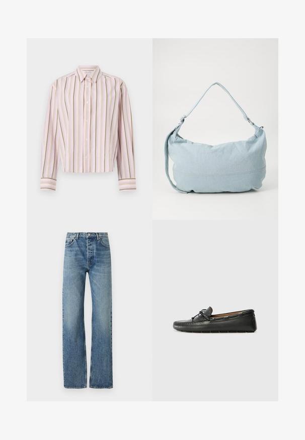 Lyserød stribet skjorte med lodrette linjer i grøn og gul, knaplukning og lange ærmer med kontrastmanchetter.; Lyseblå, høj talje jeans med lige ben, lavet af denimstof. Har klassisk fem-lomme design og sølv hardware.; Sorte læder bådsko med afrundet tå, stikninger, lille sløjfedetalje og gummisål. Glat tekstur og strømlinet design.; Lysblå denim skuldertaske i en rund form, justerbar rem og diskret syning langs den nederste kant. Blød tekstur.