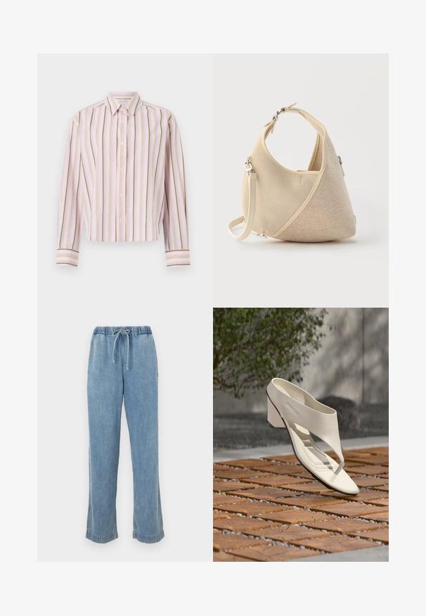 Chemise rayée rose clair avec des lignes verticales vertes et jaunes, fermeture à boutons, et manches longues avec des poignets contrastants.; Pantalon en denim bleu clair avec une taille élastique, un cordon de serrage et des ourlets retroussés. Design à jambes droites avec une coupe décontractée.; Sandale à talon en cuir blanc avec une large bride et un entre-doigts, exposée en extérieur sur une surface carrelée en bois et en gravier avec de la verdure en arrière-plan.; Sac à main beige en forme de croissant avec textures de tissus mélangées, poignée courte et bandoulière amovible, sur fond clair.