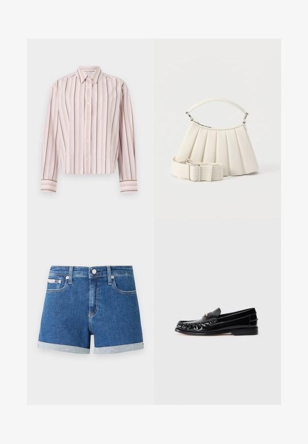 Lichtroze gestreepte shirt met verticale lijnen in groen en geel, knoopsluiting en lange mouwen met contrasterende manchetten.; Donkerblauwe denim shorts met omgeslagen zoom. Voorzien van een knoopsluiting en voorkanten zakken. Gladde textuur met subtiele stikdetails.; Zwarte leren instappers met een ronde neus, decoratieve stiksels en een kleine gouden accent op de wreef. Platte rubberen zool, strak design.; Witte geplooide handtas met korte handgreep en een brede afneembare schouderriem met zilveren gesp.