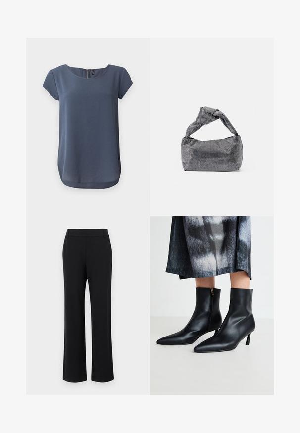 Marineblaue Kurzarmbluse mit rundem Ausschnitt und Reißverschluss am Rücken, mit leicht geschwungenem Saum.; Schwarze, ausgestellte Hosen mit glatter Textur, mittelhohem Bund und seitlichen Taschen. Einfaches Design ohne Muster oder Verzierungen.; Schwarze Lederknöchelstiefel mit spitzem Zeh und einem Reißverschluss an der Seite, abgeschlossen mit einem schmalen Absatz. Glatte Textur und elegantes Design.; Schwarz-silberne Handtasche mit einer strukturierten Oberfläche, die ein Diamantmuster aufweist, einem geknoteten Griff und einer strukturierten Form.