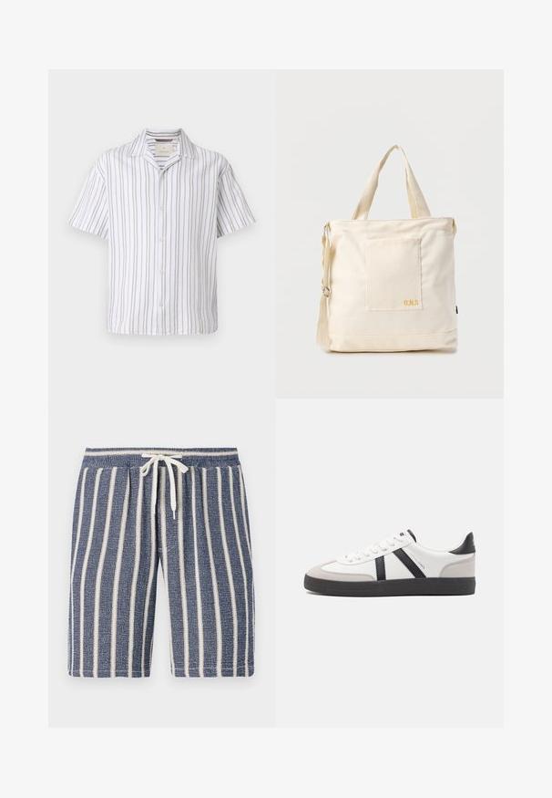 Chemise à manches courtes en tissu léger, avec des rayures verticales blanches et beiges, un col et un boutonnière sur le devant.; Shorts texturés bleu marine avec des rayures verticales blanches, taille élastique et détail à cordon de serrage. Design décontracté adapté aux temps chauds.; Baskets blanches avec des accents noirs et gris, présentant un embout texturé gris, une semelle en caoutchouc noir et des lacets plats blancs. Design épuré, style minimaliste.; Sac fourre-tout en toile crème avec poche avant, deux poignées, bandoulière réglable et petit texte jaune "O.N.S" en bas à droite de la poche.
